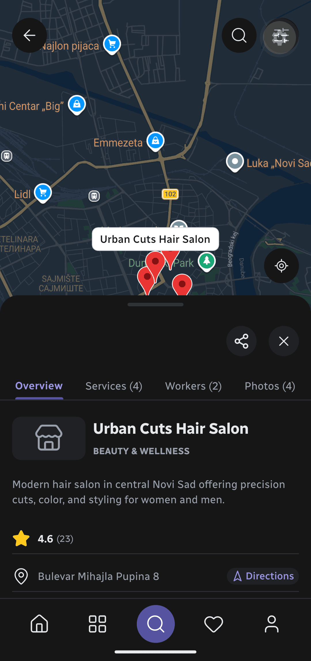 Termia mobile app: a hair salon found on the map nearby