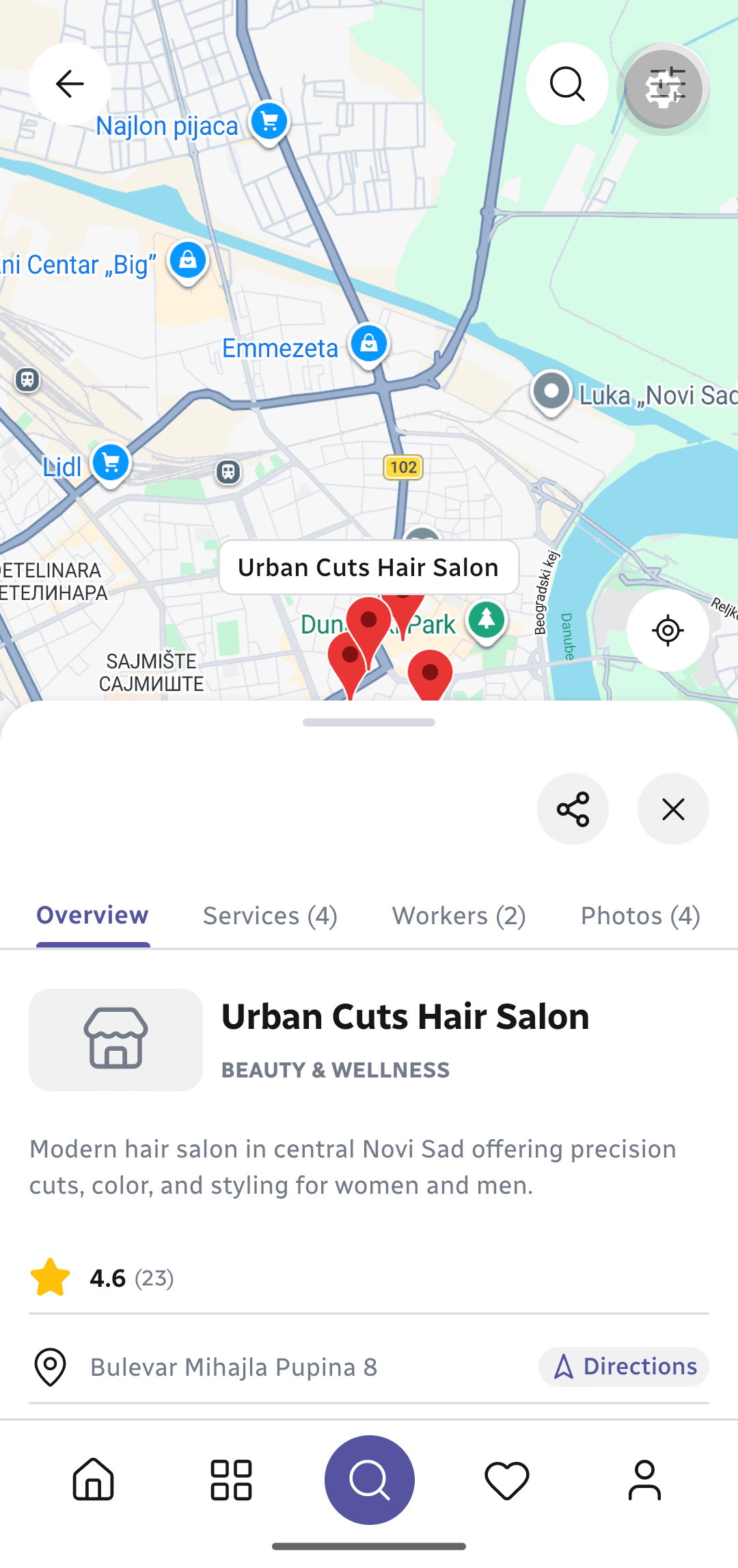Termia mobile app: a hair salon found on the map nearby