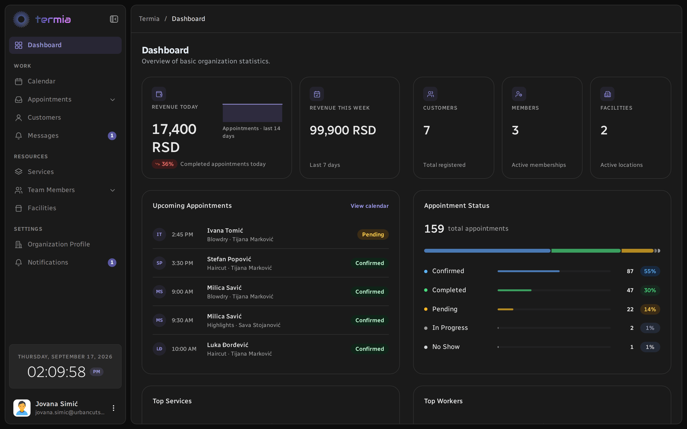 Termia web panel dashboard with revenue, upcoming appointments and statuses