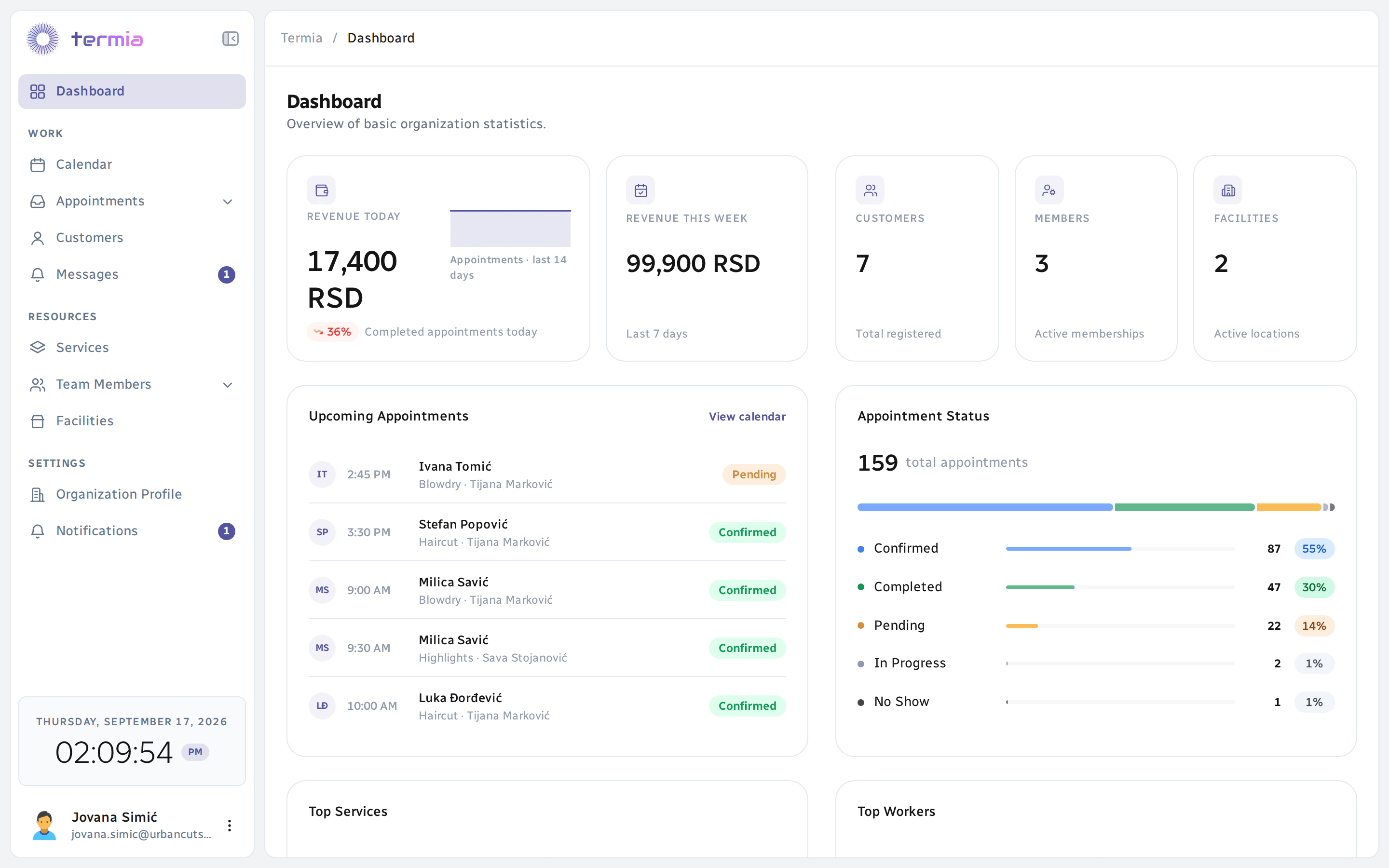Termia web panel dashboard with revenue, upcoming appointments and statuses