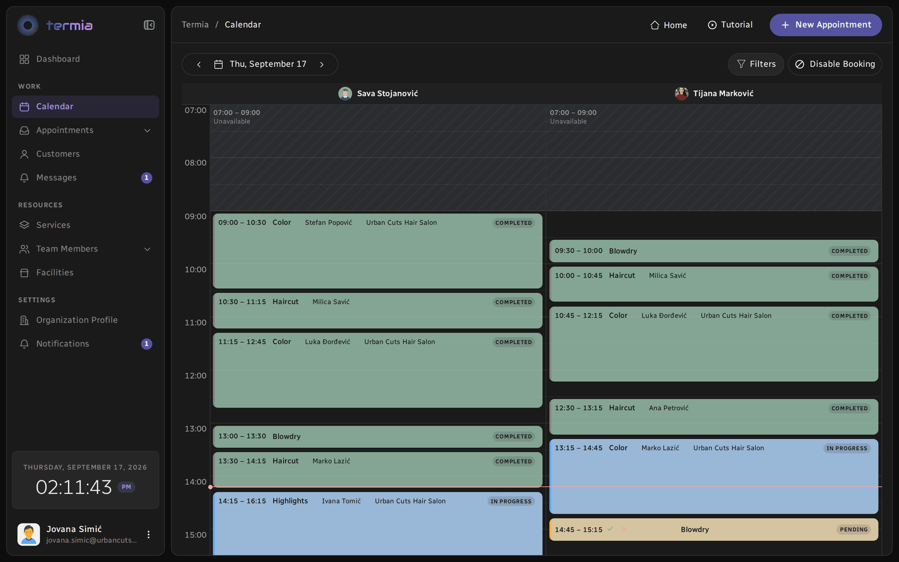 Termia web panel showing the day's appointments for two team members