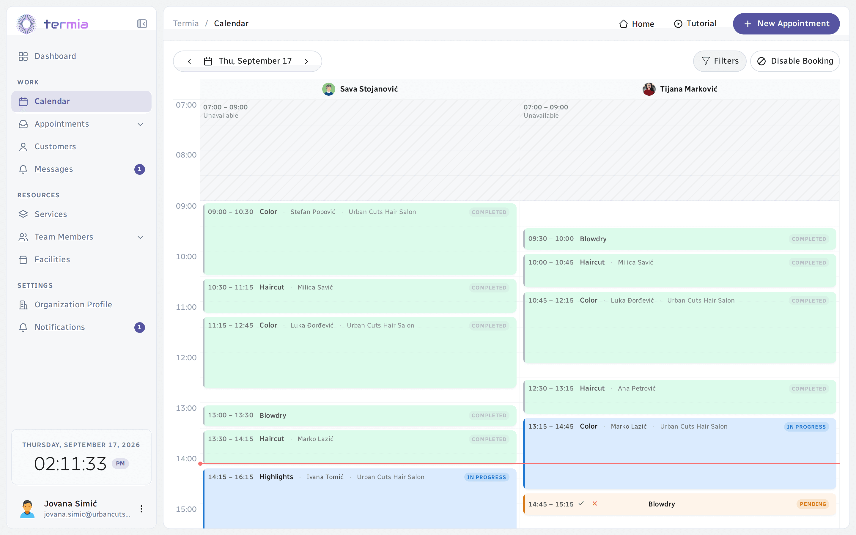 Termia web panel showing the day's appointments for two team members