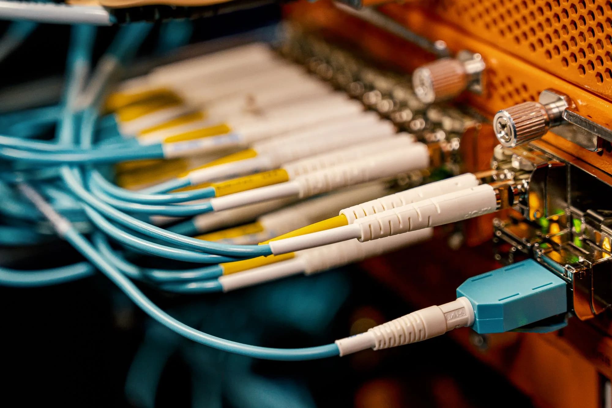 Fibre optic cables plugged into a network switch
