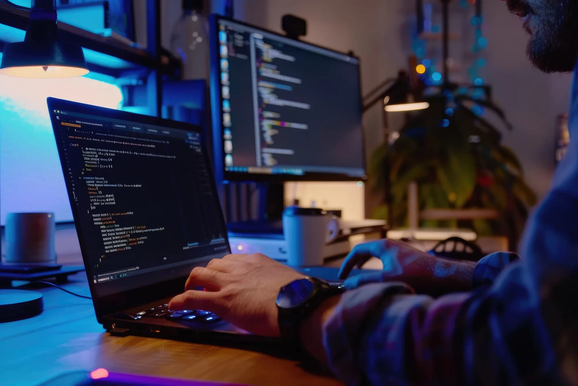 Developer coding at night in front of several screens